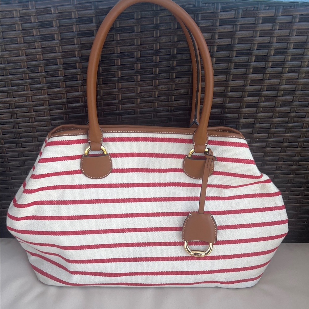 Canvas Tote Ralph Lauren Red and White Striped with Tan Leather Trim